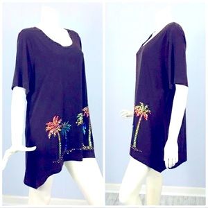QUACKER FACTORY Dream Knits Sequin Palm Trees Blue Blouse NWOT